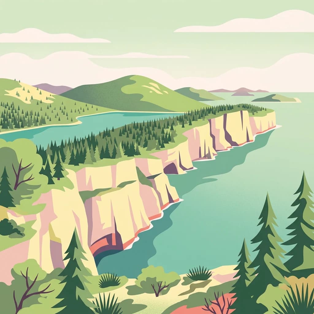 Illustrated coastal landscape with cliffs, turquoise water, and forested hills in Telašćica Nature Park