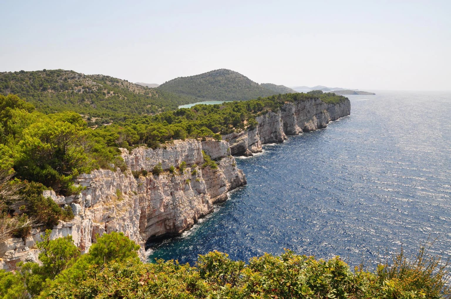Cliffs overlooking the sea with green vegetation on top and along the shoreline.