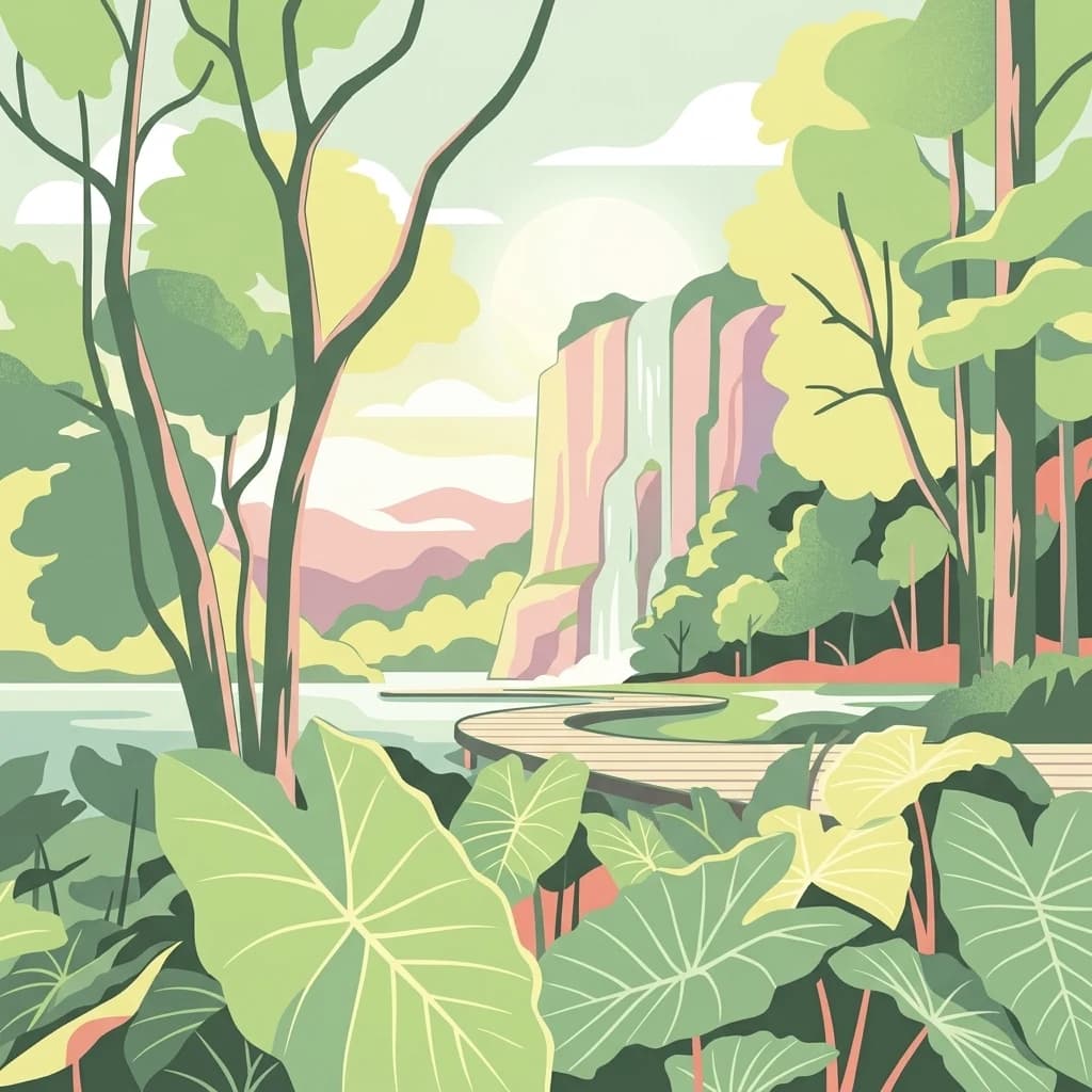 Stylized illustration of a forested area featuring a waterfall, large leaves, and a winding path