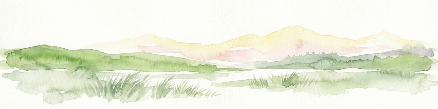 Watercolor painting showing grassy wetlands and distant hills with a sunset sky