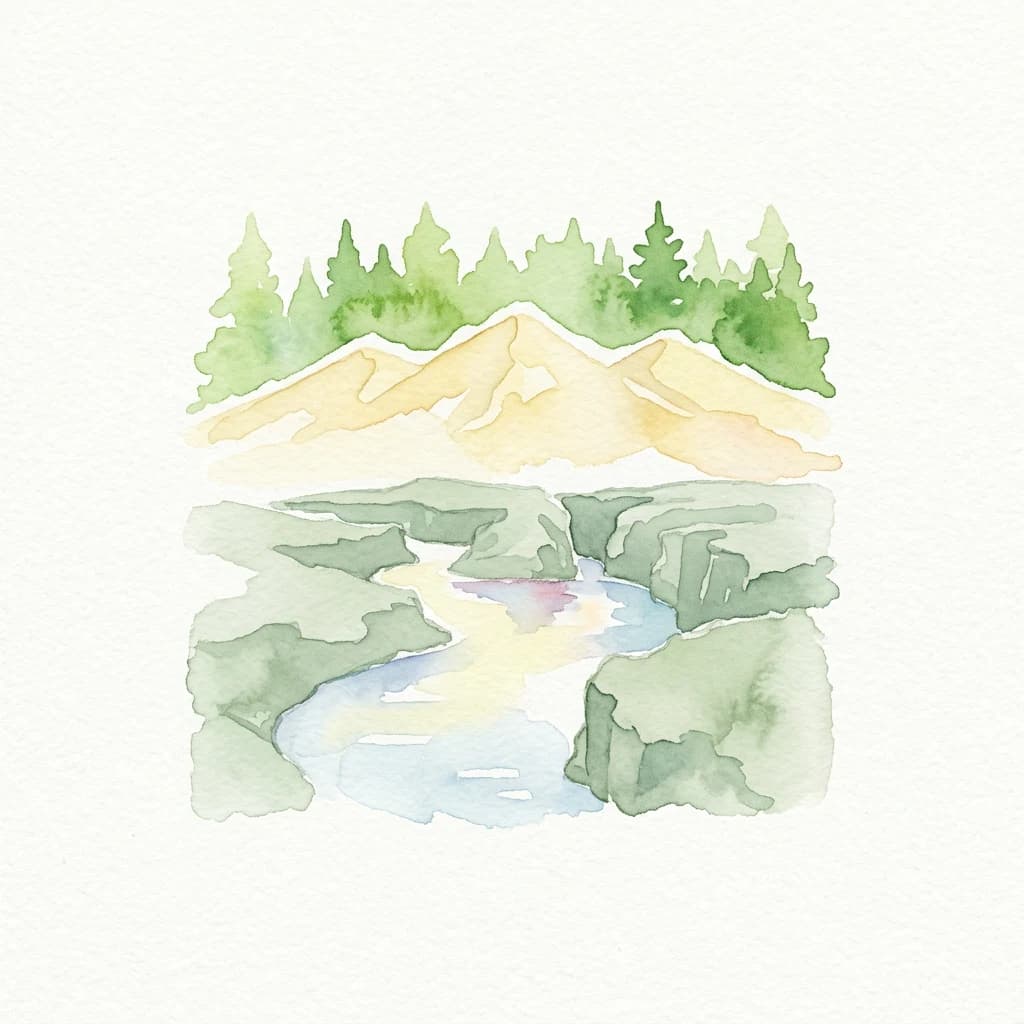 Ilustración acuarela que muestra montañas, un río y un bosque