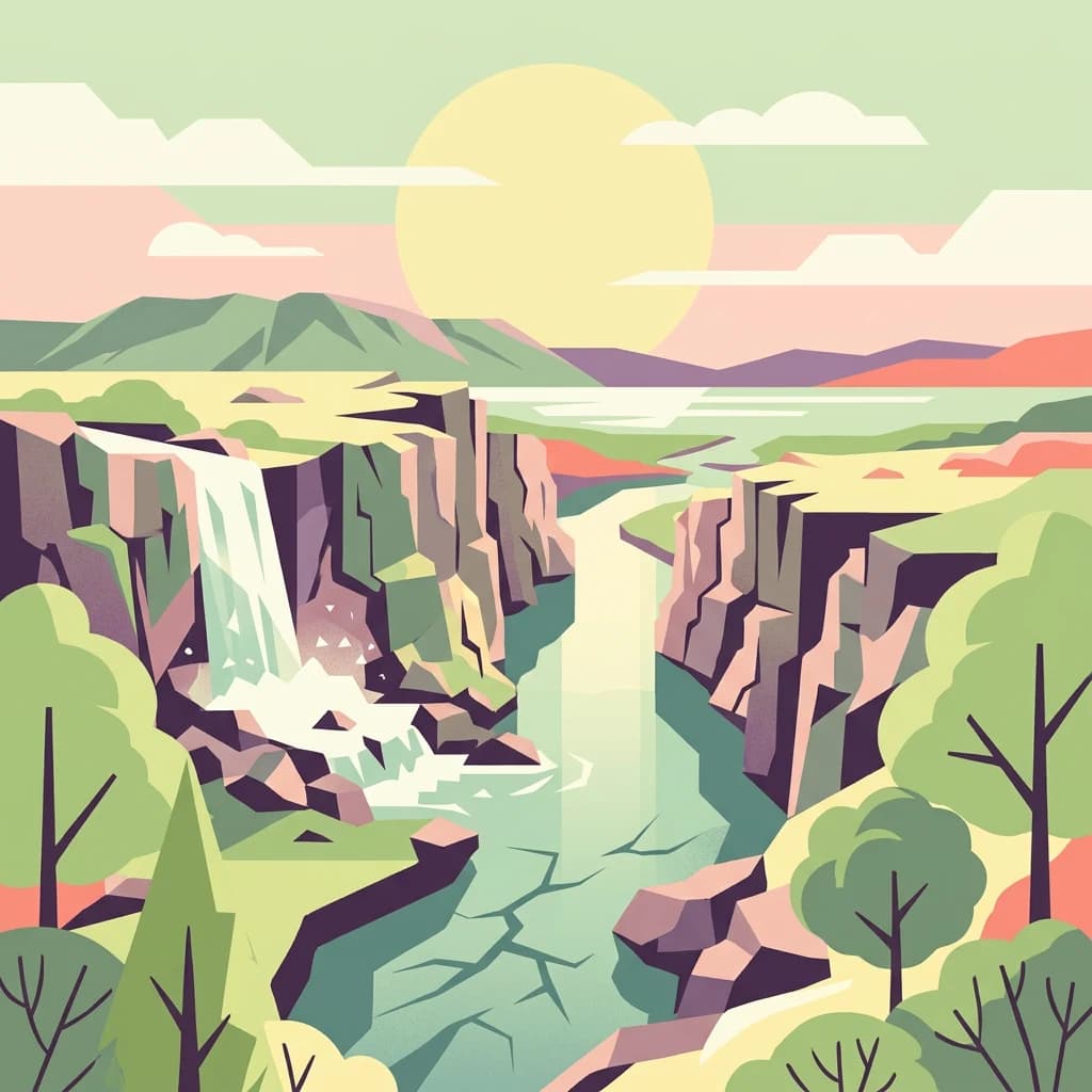 Stylized illustration showing a river canyon with a waterfall, cliffs, mountains, and trees under a bright sun