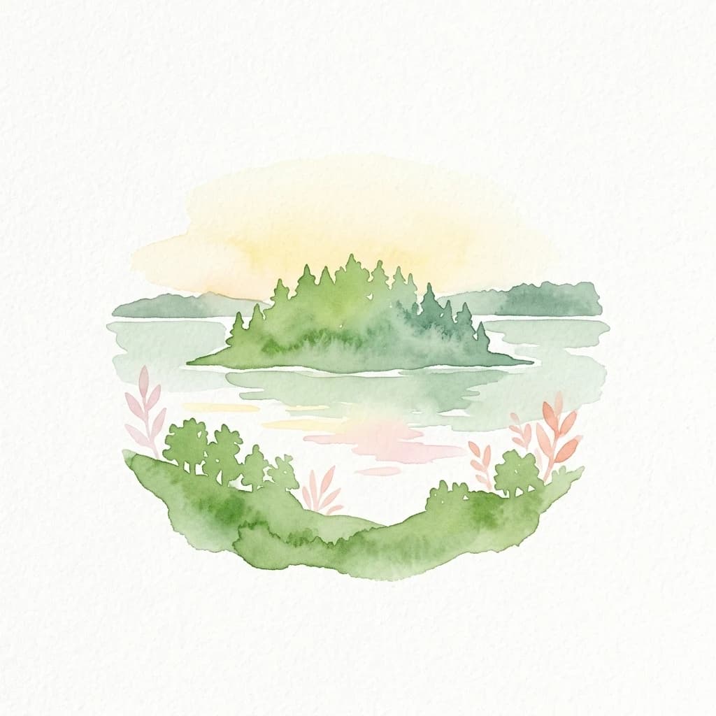 Watercolor painting of an island with trees, water, and pink flowers