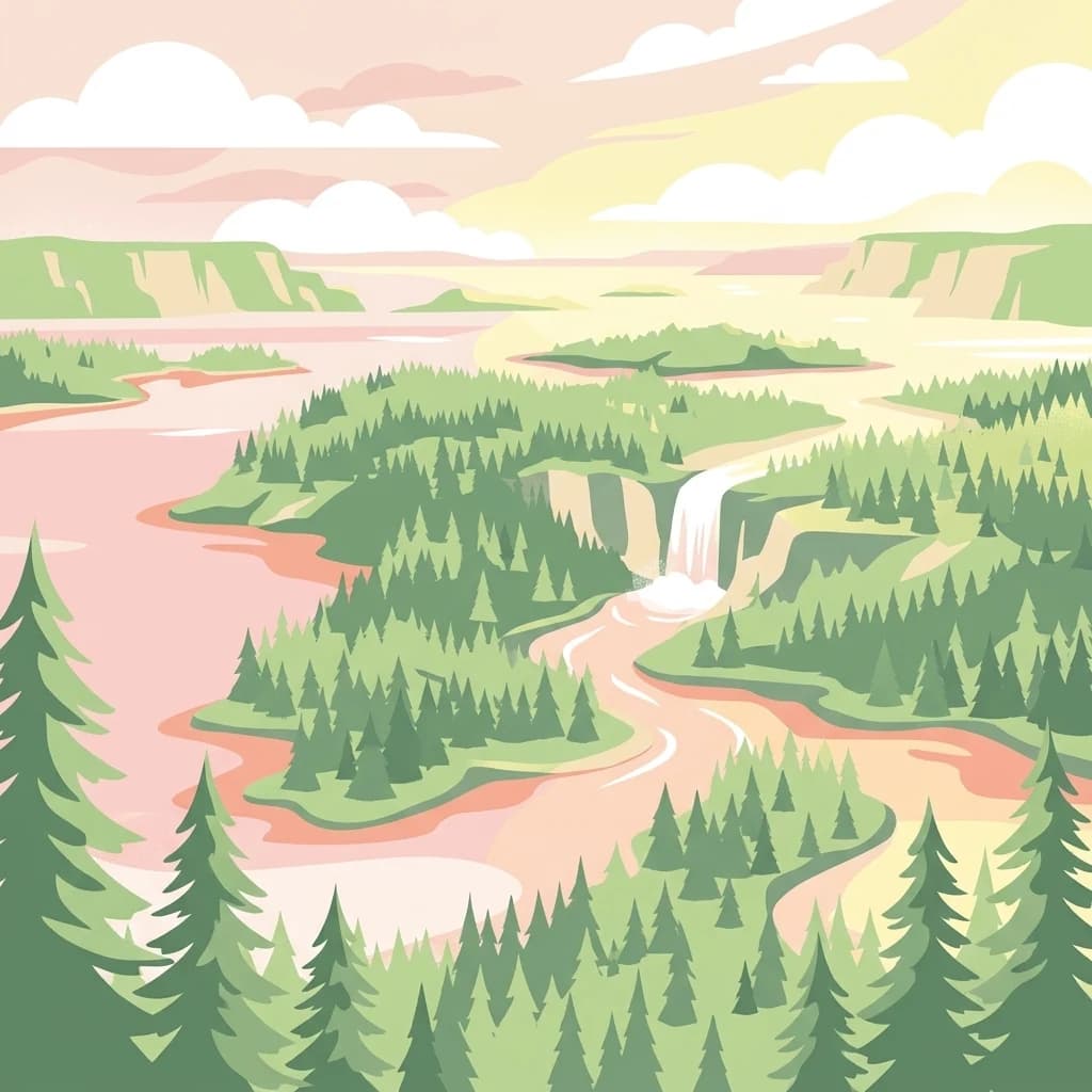 Paisaje ilustrado con un río que fluye a través de islas con bosques densos y una cascada