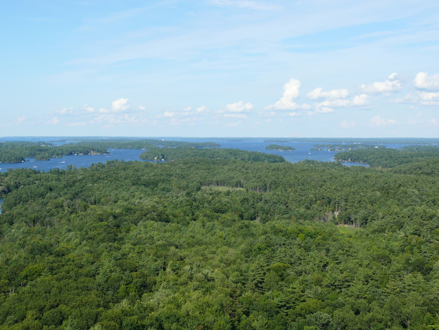 Vista aérea de un denso bosque verde con el río San Lorenzo e islas distantes bajo un cielo parcialmente nublado