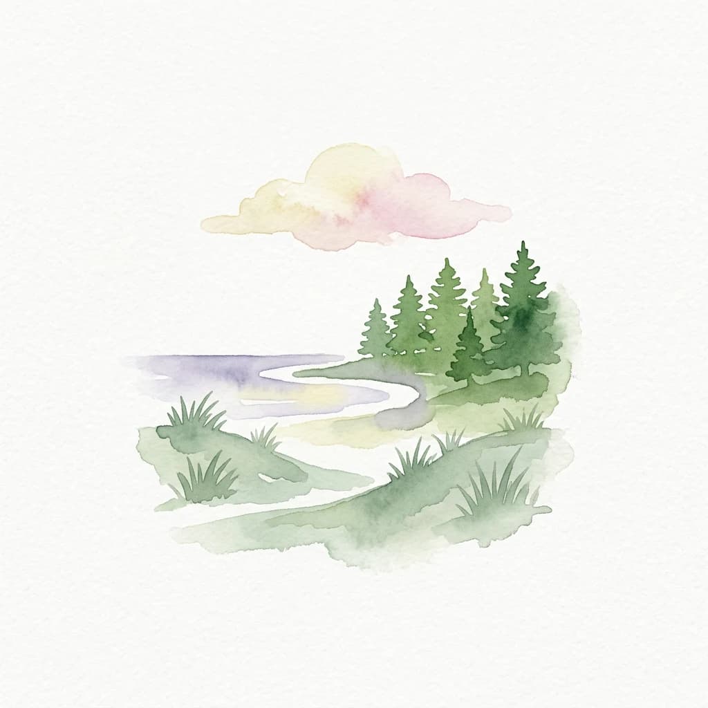 Watercolor illustration showing a winding river through grassy terrain with pine trees and a cloud