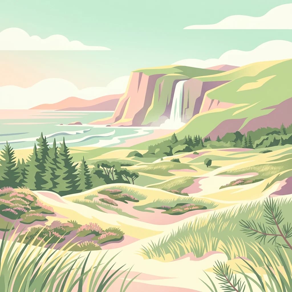 Illustrated coastal landscape featuring sandy dunes, pine trees, cliffs with a waterfall, and a beach with waves