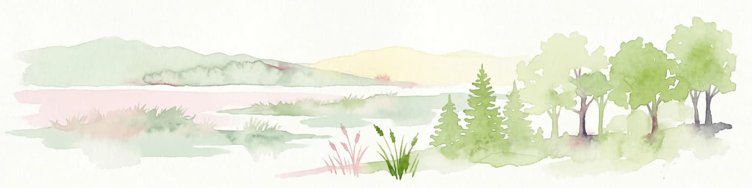 Watercolor illustration of a landscape with trees, water, and distant hills