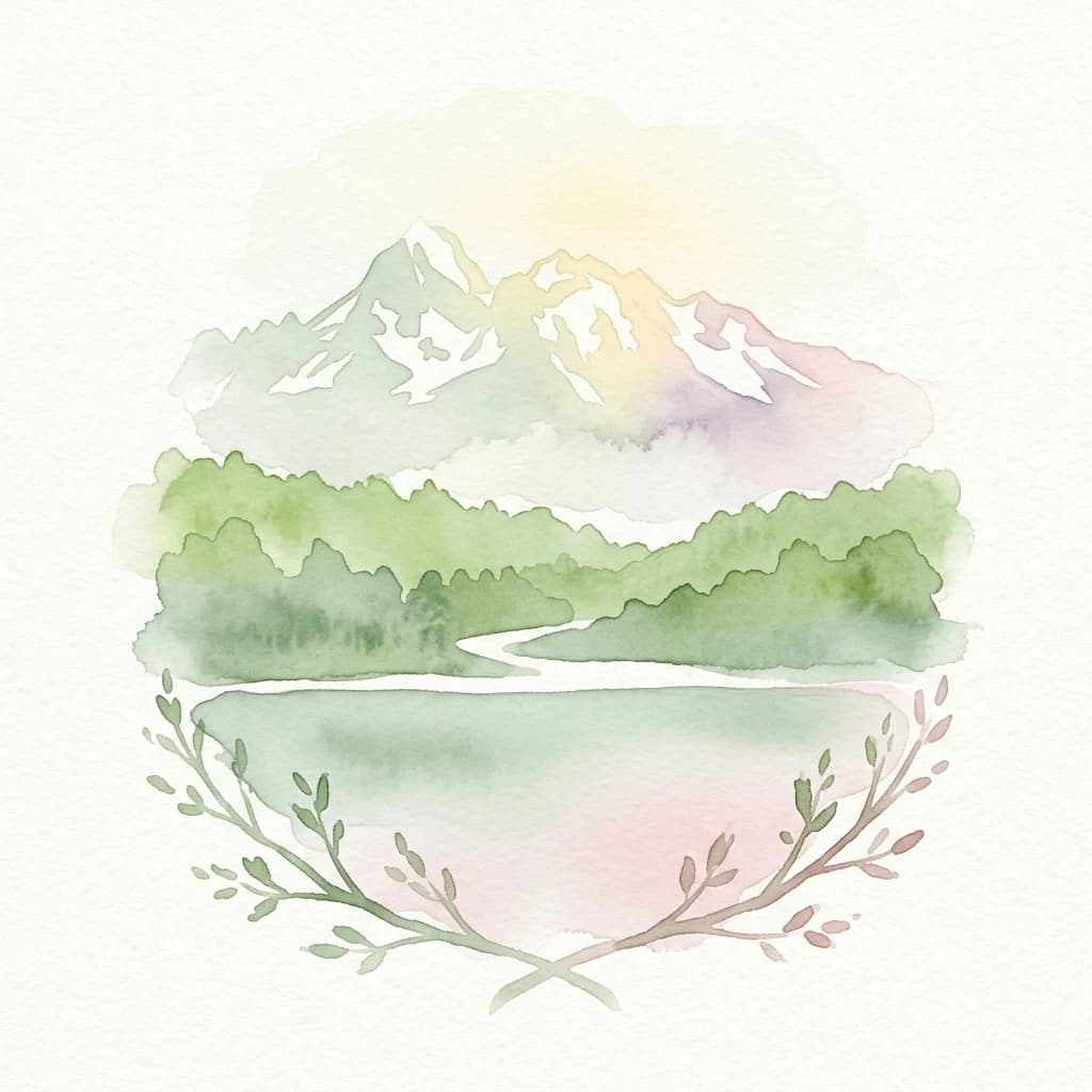 Ilustración en acuarela de montañas con cimas nevadas, bosque verde y una masa de agua con un borde decorativo de ramas