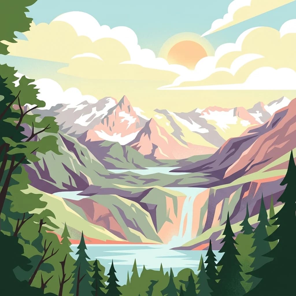 Stylized illustration of mountains, a waterfall, a lake, and forested areas with a setting sun in the sky
