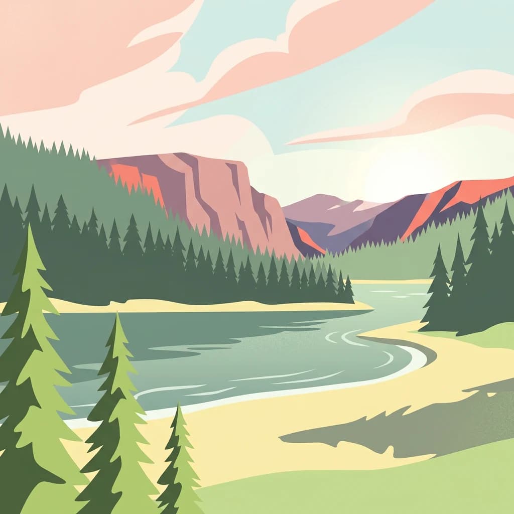 Illustration of a lake bordered by pine forests with sandy shores and mountain peaks under a pastel sky