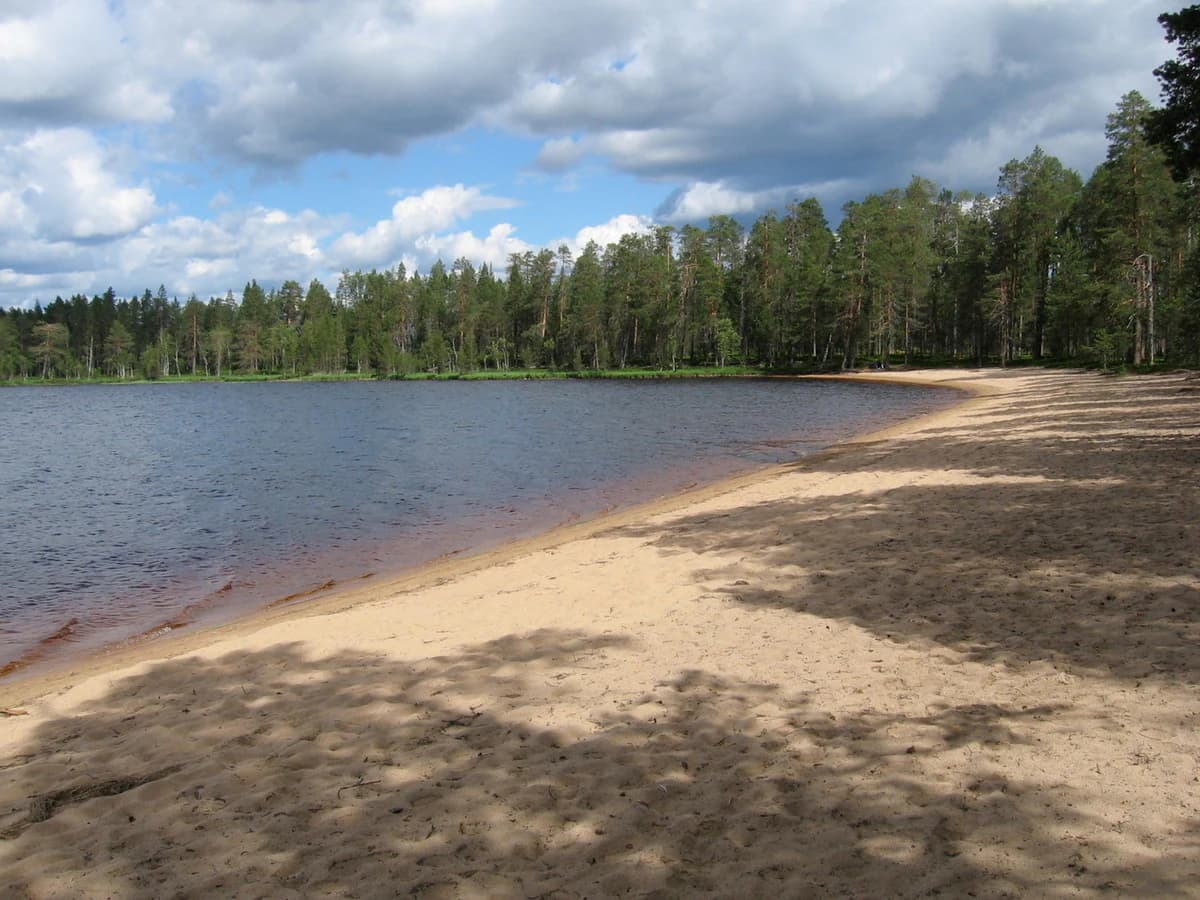 Sandy beach along a calm lake with forested shoreline under a partly cloudy sky