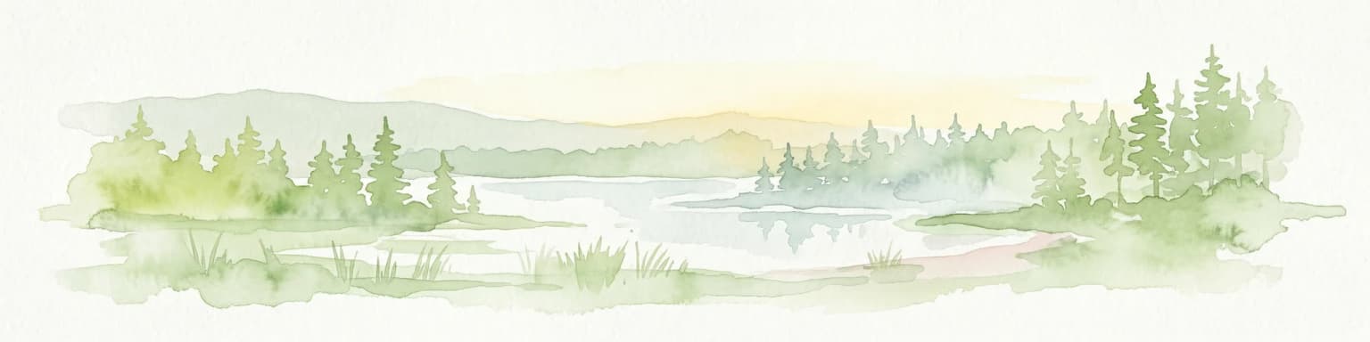 Watercolor painting of a lake surrounded by forests with mountains in the background and a sunset sky