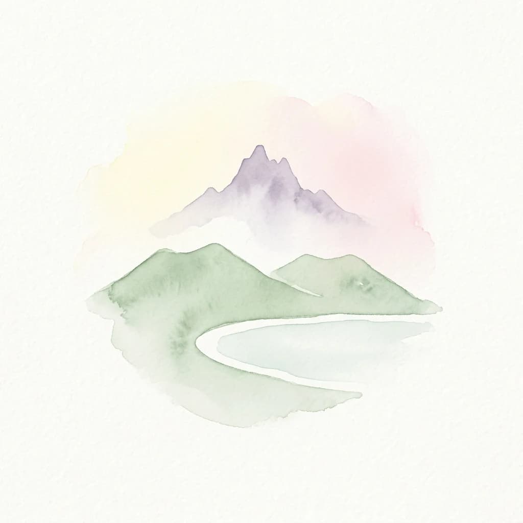Watercolor illustration of green hills, a winding river, and a mountain range under a pink and yellow sky