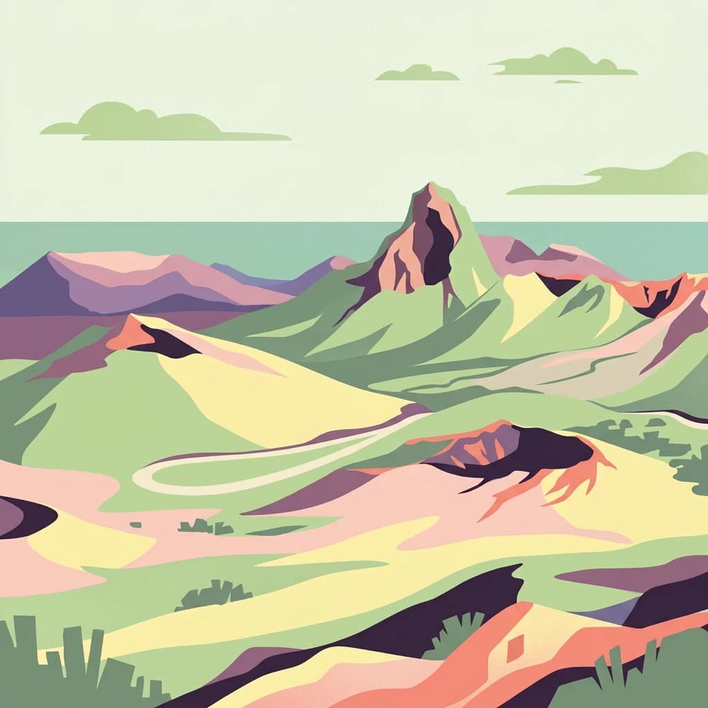 Illustration showing volcanic mountains, valleys, winding road, and ocean