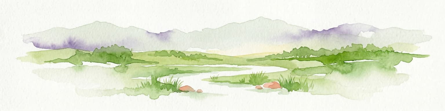 Watercolor painting of a landscape with grassy areas, a winding river, and mountains under a light sky