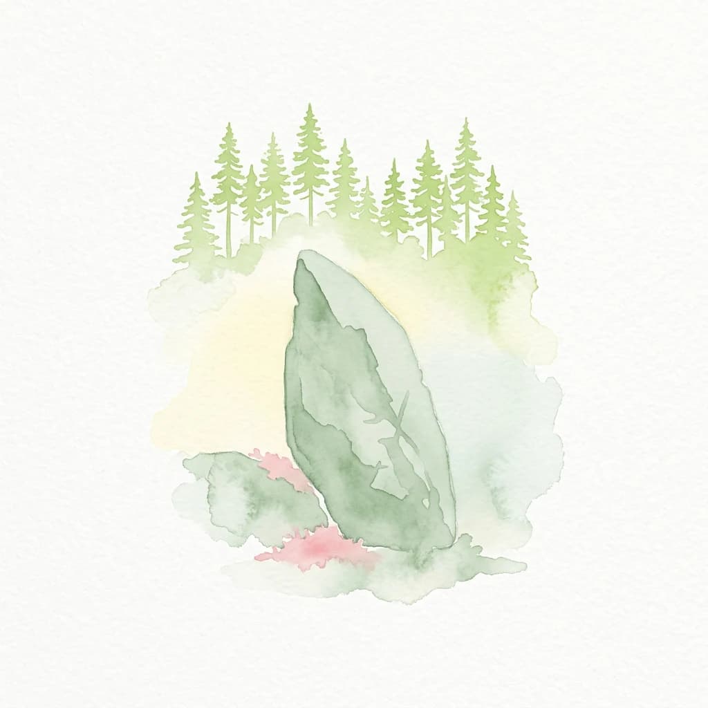 Watercolor illustration showing a large rock surrounded by pine trees and a forest landscape