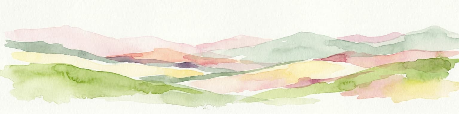 Watercolor illustration of rolling hills with soft pastel colors including pink, green, yellow, and blue