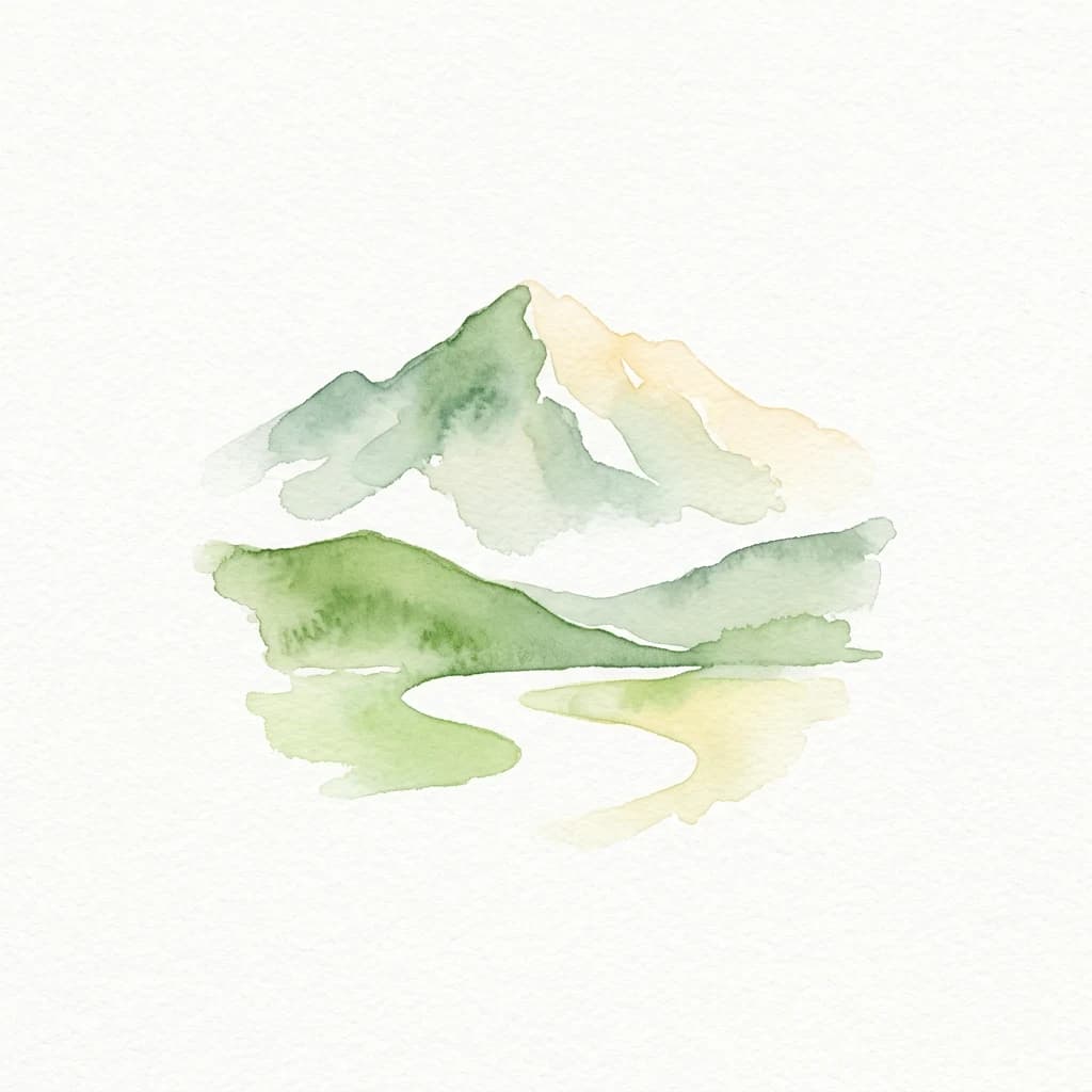 Watercolor painting of a mountain landscape with green and yellow hues reflecting in a body of water