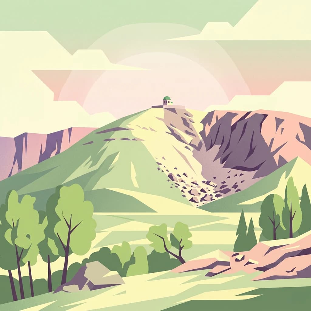 Stylized illustration of a mountain landscape with green fields, trees, rocks, and a small structure on a hilltop