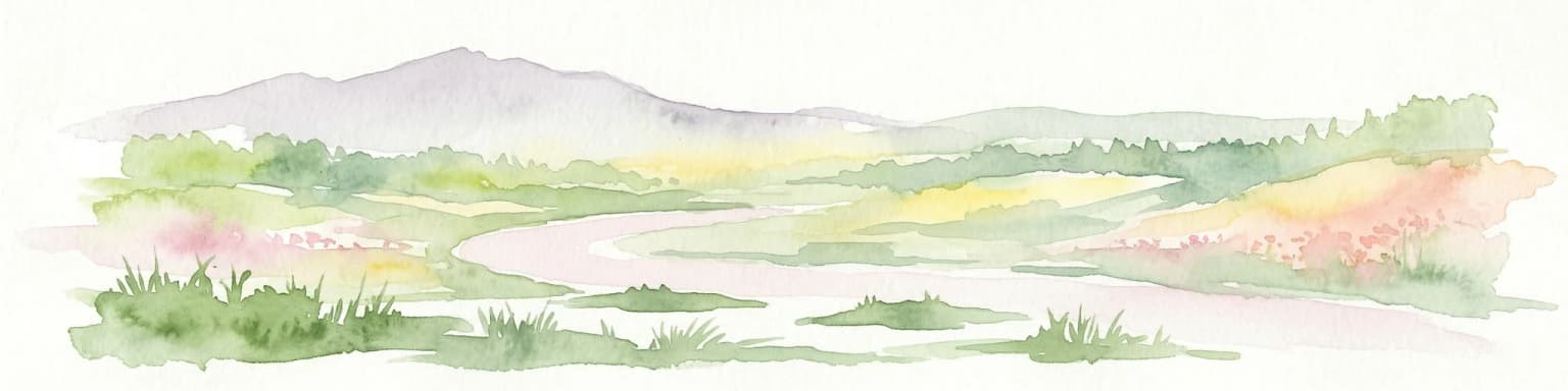 Watercolor painting showing mountains, a river, and vegetation