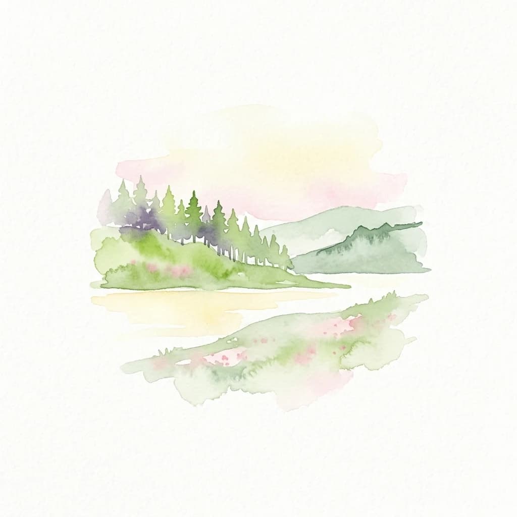 Watercolor painting depicting a lake with green hills and trees