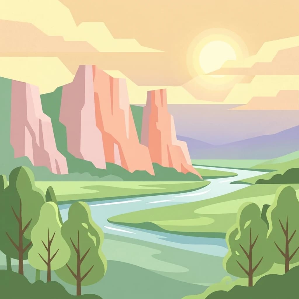 Digital illustration of a river winding through a valley with pink rock cliffs, green trees, and a setting sun under a cloudy sky
