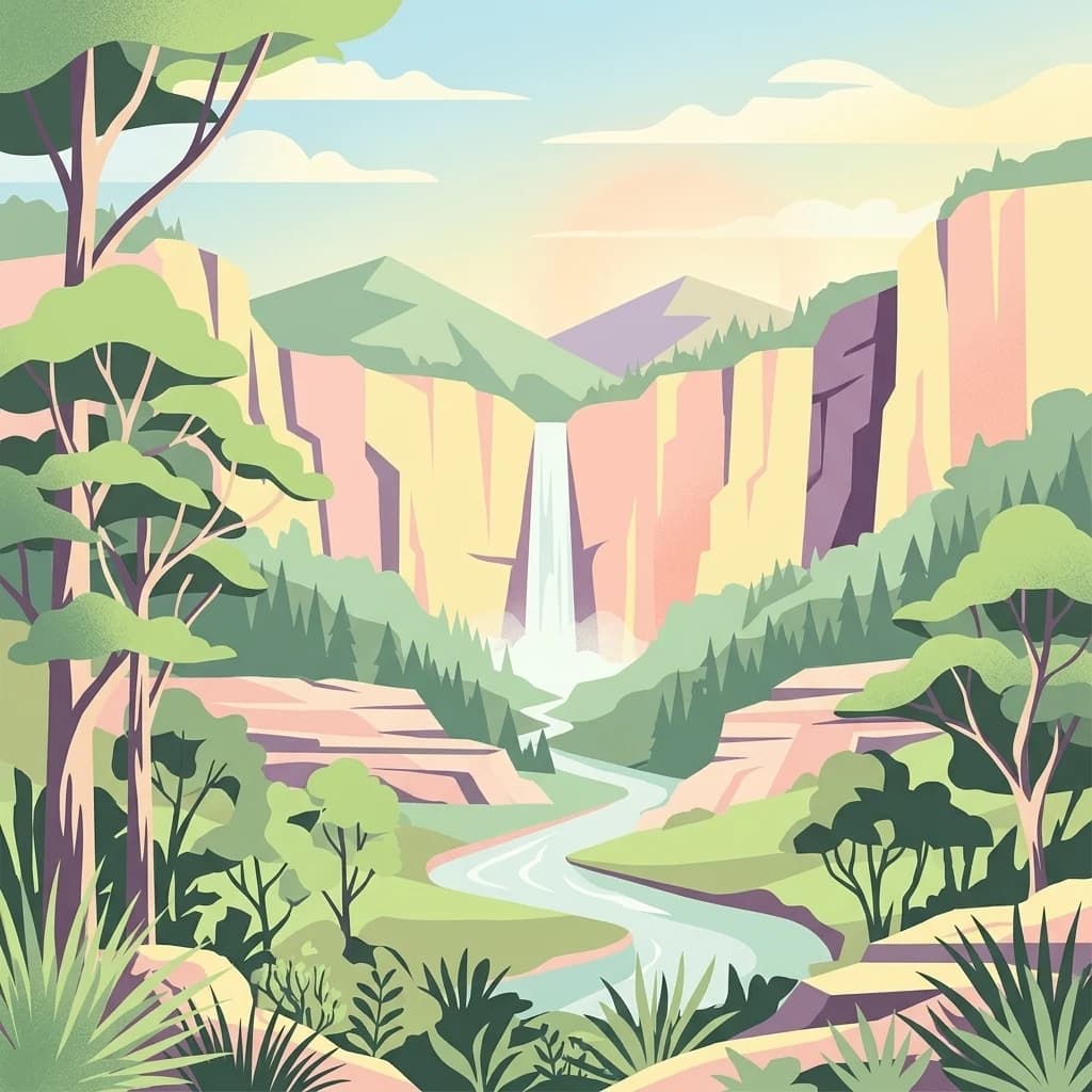 Ilustración estilizada de un cañón con una cascada, río y bosque circundante