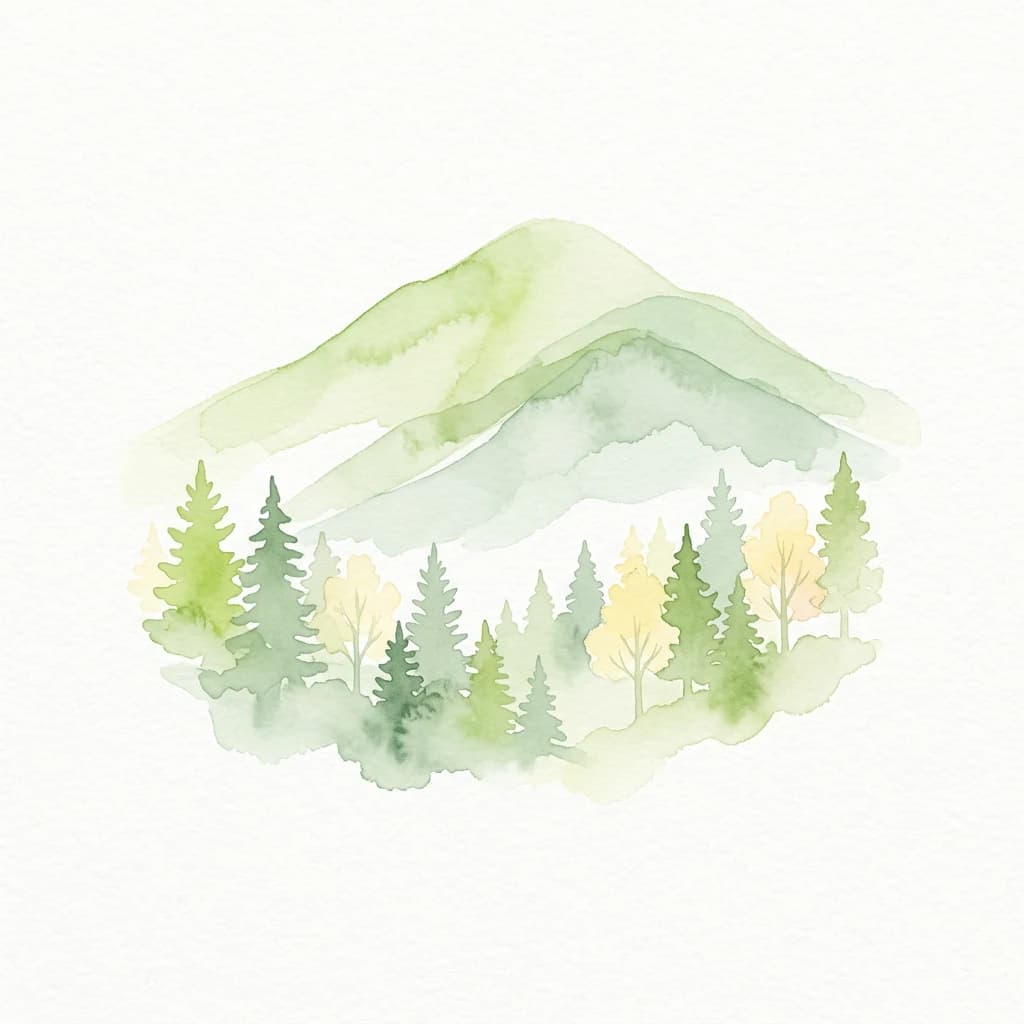 Watercolor illustration of a mountain with a forest in the foreground