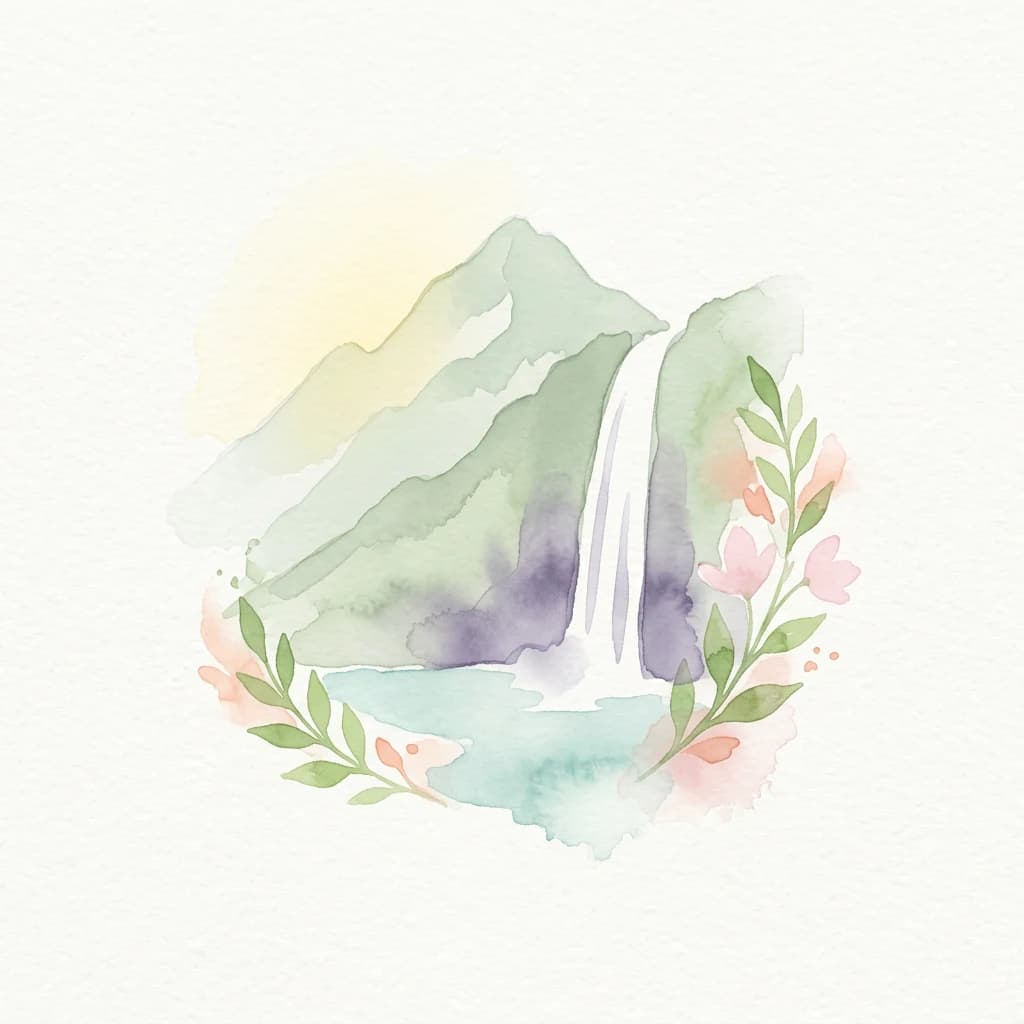 Ilustración acuarela de una cascada cayendo de una montaña, rodeada de follaje verde y flores rosas