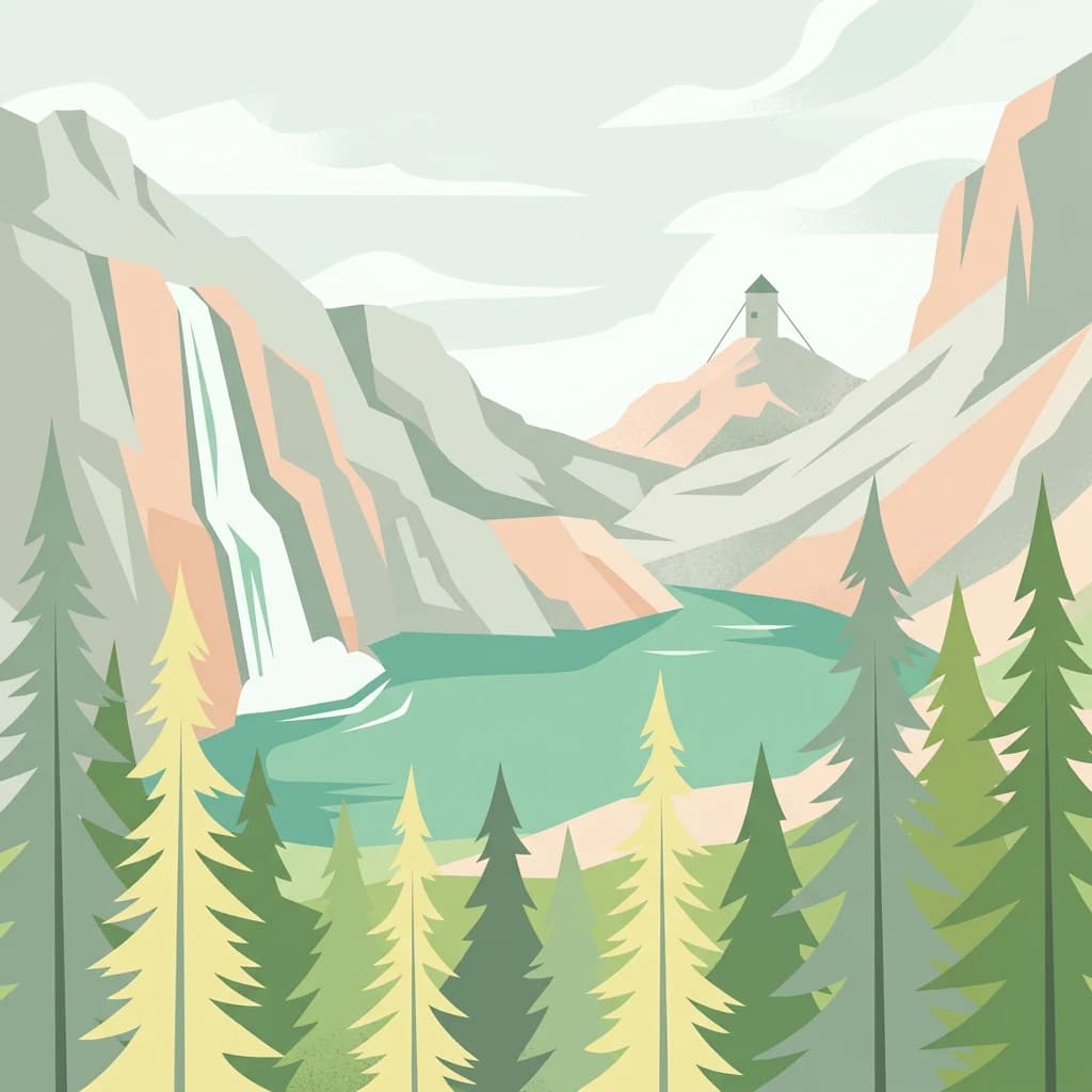 Stylized illustration showing a mountain landscape with a waterfall, lake, and coniferous trees