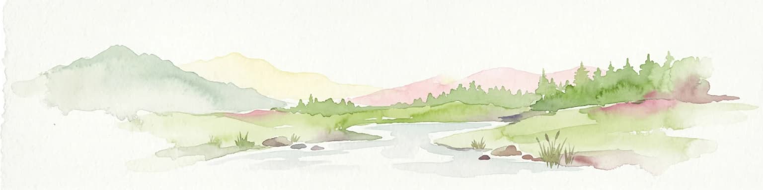 Watercolor illustration of a river flowing through a forested valley with mountains in the background