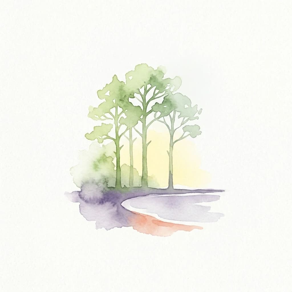 Watercolor painting of green trees along a curved shoreline with purple and orange washes