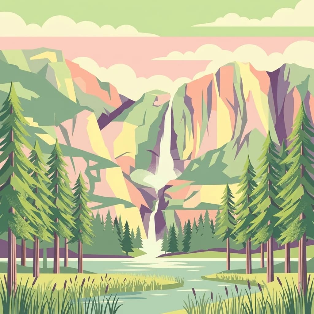 Stylized illustration of a waterfall in a mountainous forested landscape with a river.