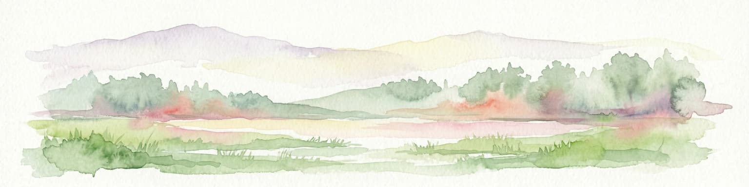 Watercolor painting showing rolling hills, trees, and a body of water