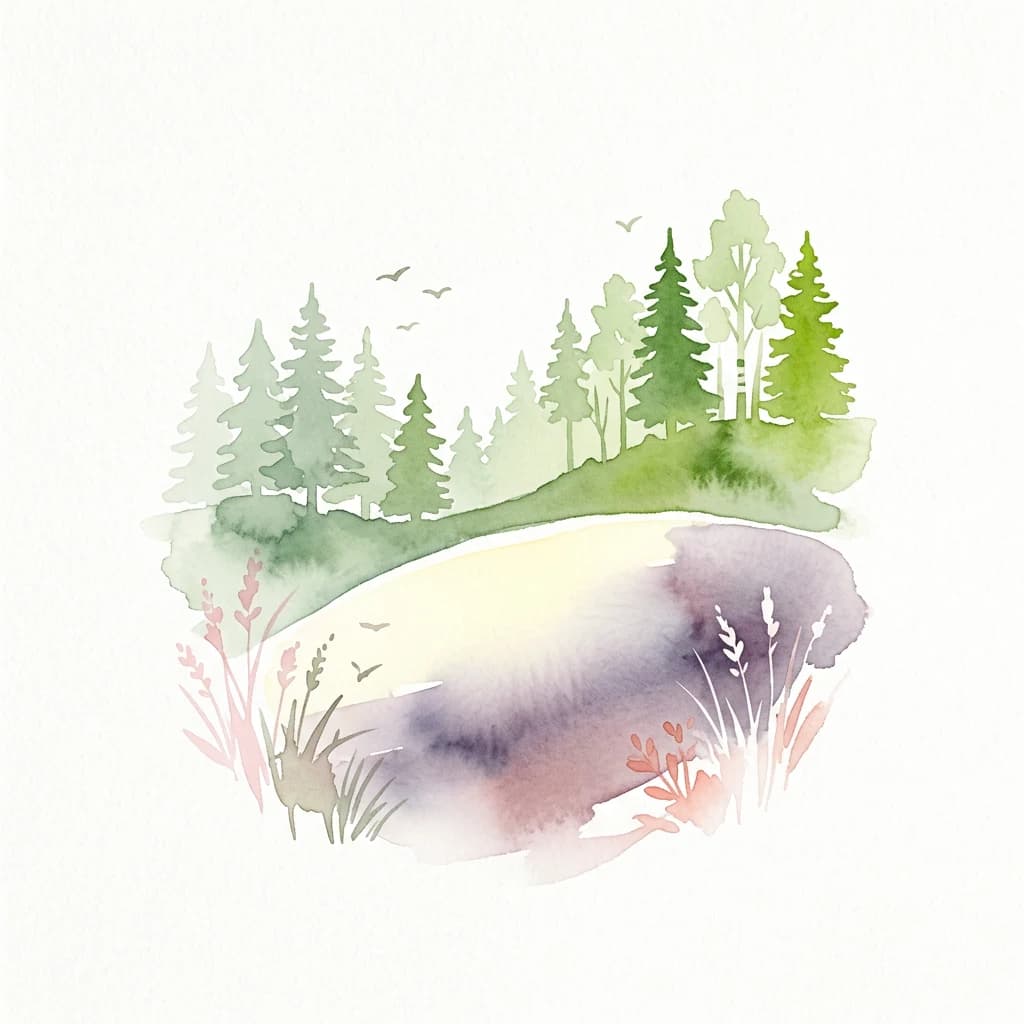 Watercolor illustration showing a forest landscape with pine trees, a small hill, and flowering plants in the foreground.