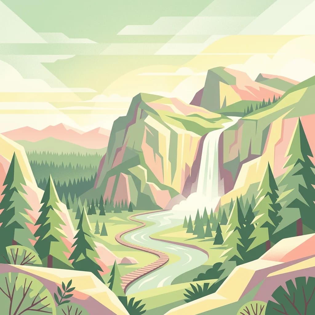 Stylized illustration of a mountainous landscape with waterfall, winding river, and evergreen trees