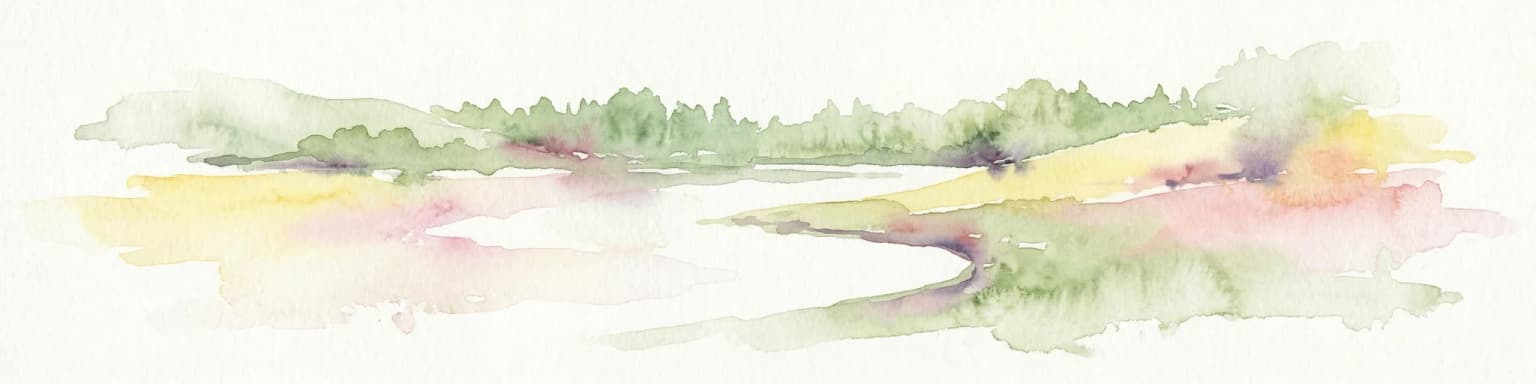 Watercolor painting of a river flowing through a forested area with colorful fields