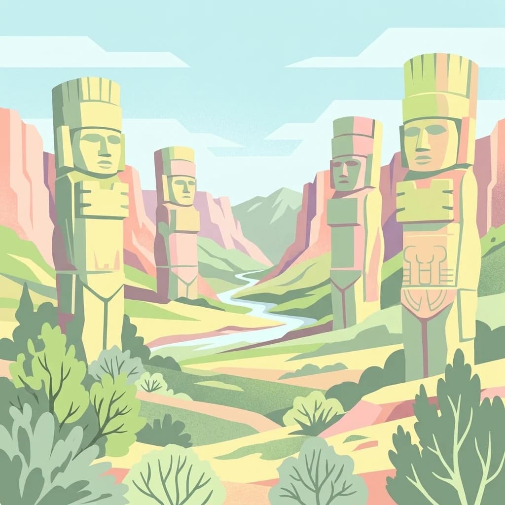 Ilustración estilizada que muestra cuatro grandes estatuas de piedra en un paisaje de valle con un río, colinas y vegetación