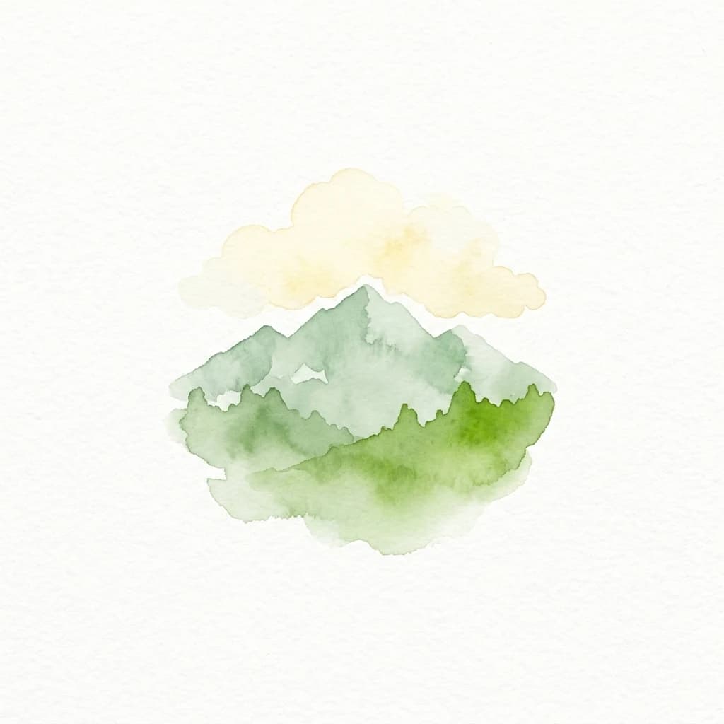 Watercolor painting of green mountain peaks under yellowish clouds on a white background