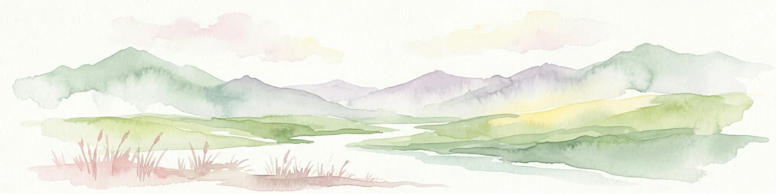 Ilustración de acuarela que muestra una cordillera con campos verdes, un río y colores pastel suaves