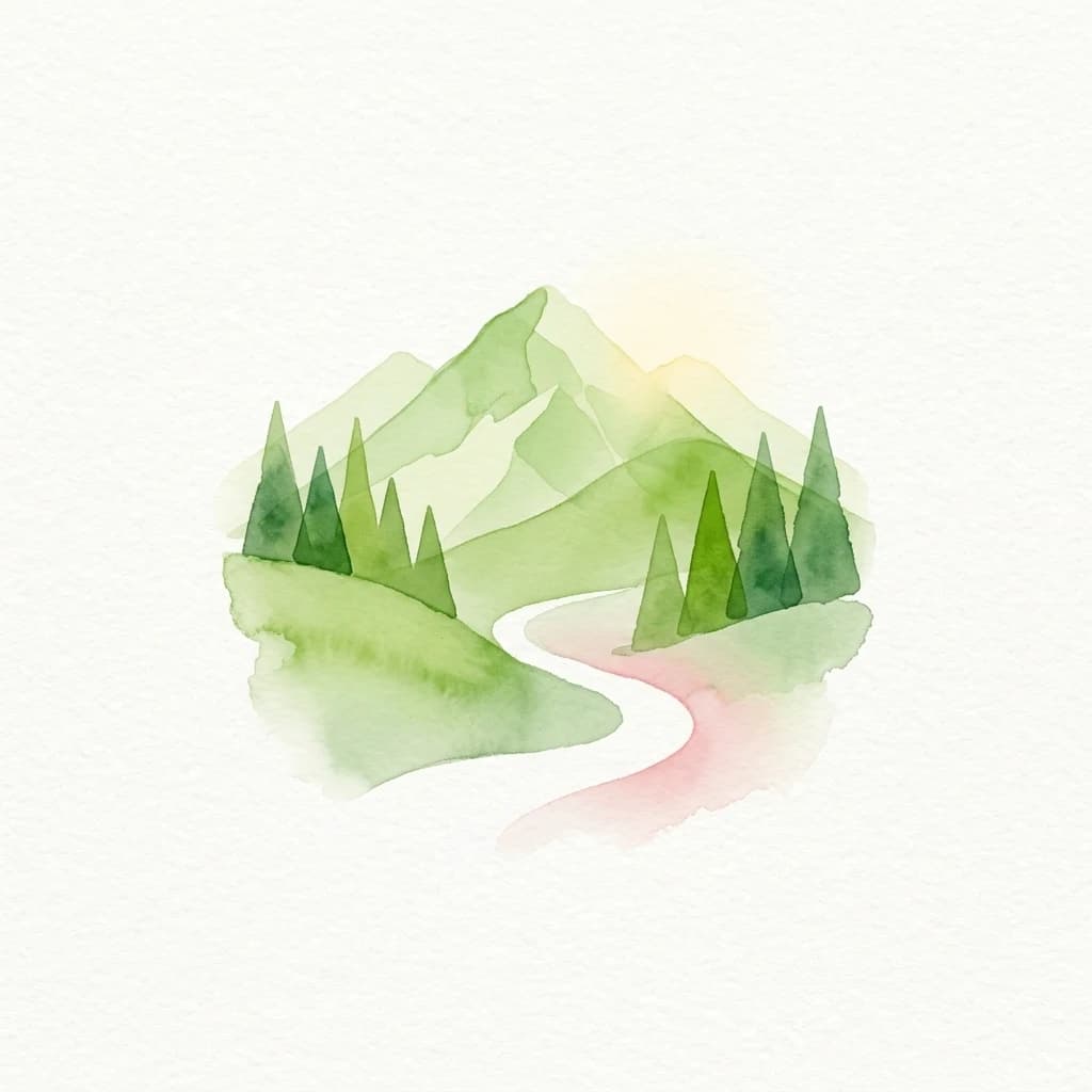 Watercolor illustration of a mountain landscape with a winding path, trees, and sunlit peaks
