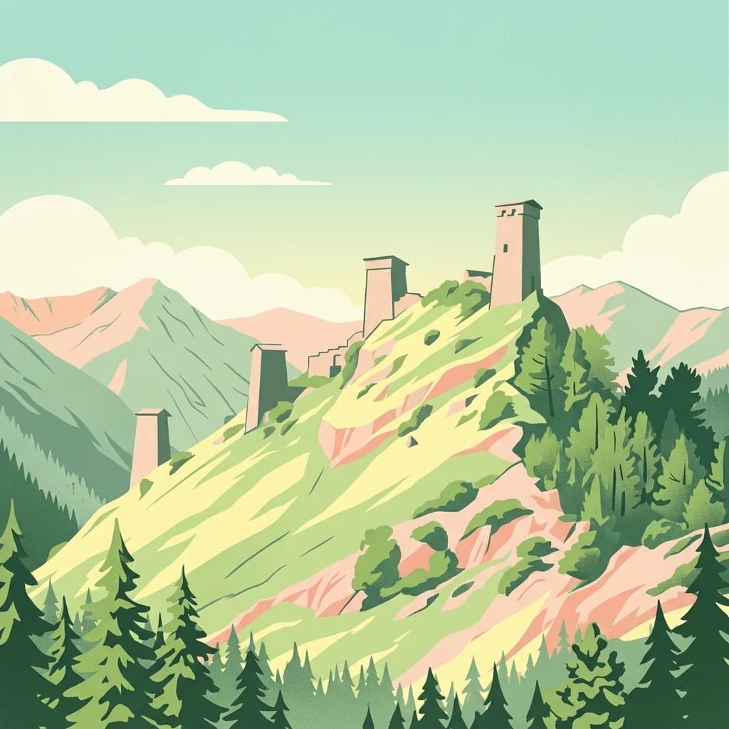 Illustration of medieval stone towers on a hillside with pine forests and distant mountains