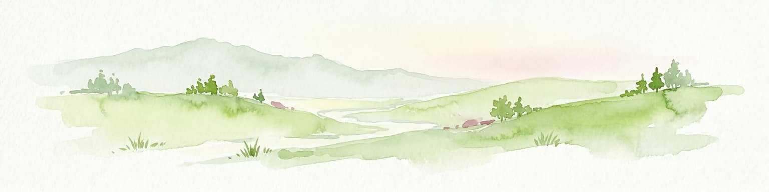 Watercolor painting of a mountainous landscape with green hills, valleys, and distant mountains under a pale sky