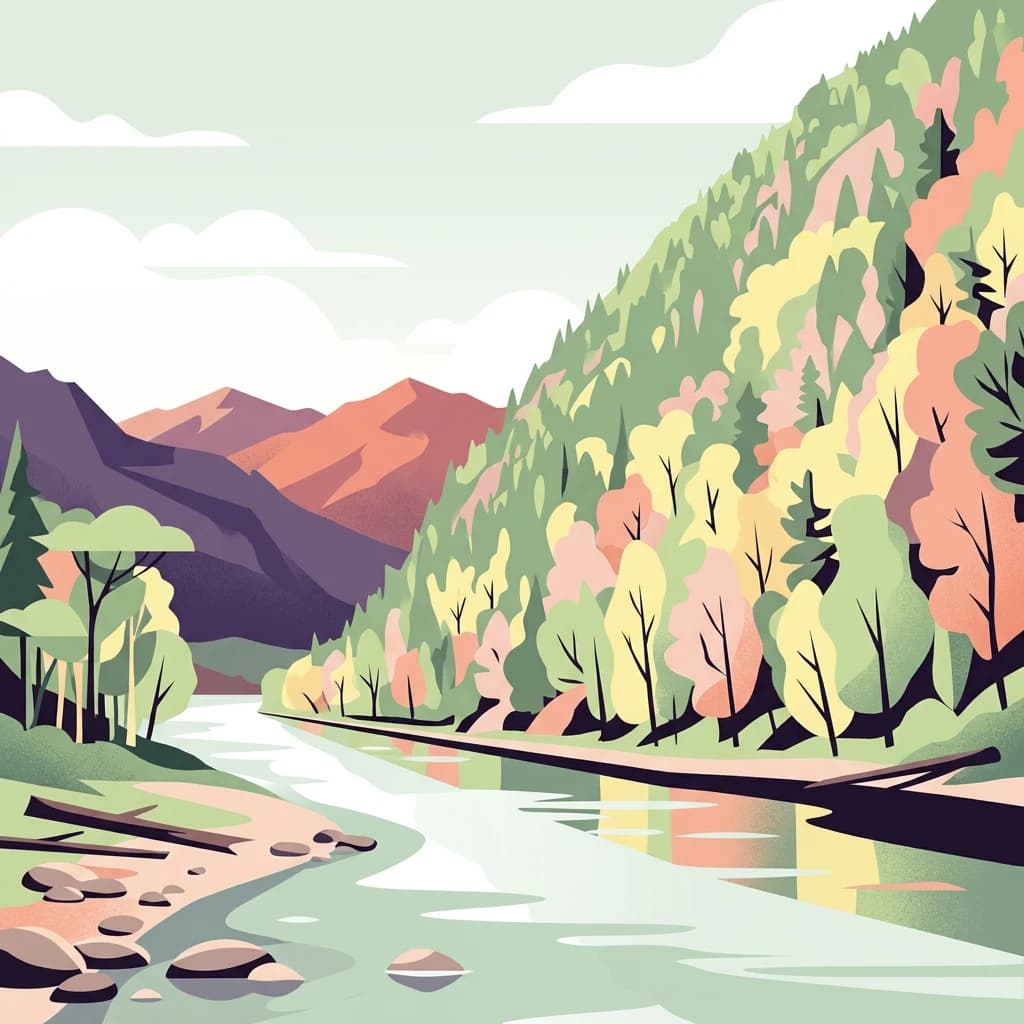 Illustration of a river flowing through a forested mountain valley with autumn-colored trees and rocky shoreline