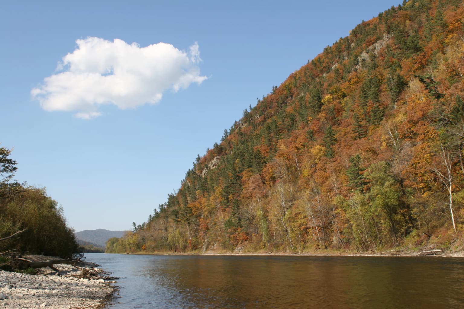 Calm river with rocky shoreline, surrounded by steep forested hills covered in orange and red autumn foliage under a clear blue sky with one cloud