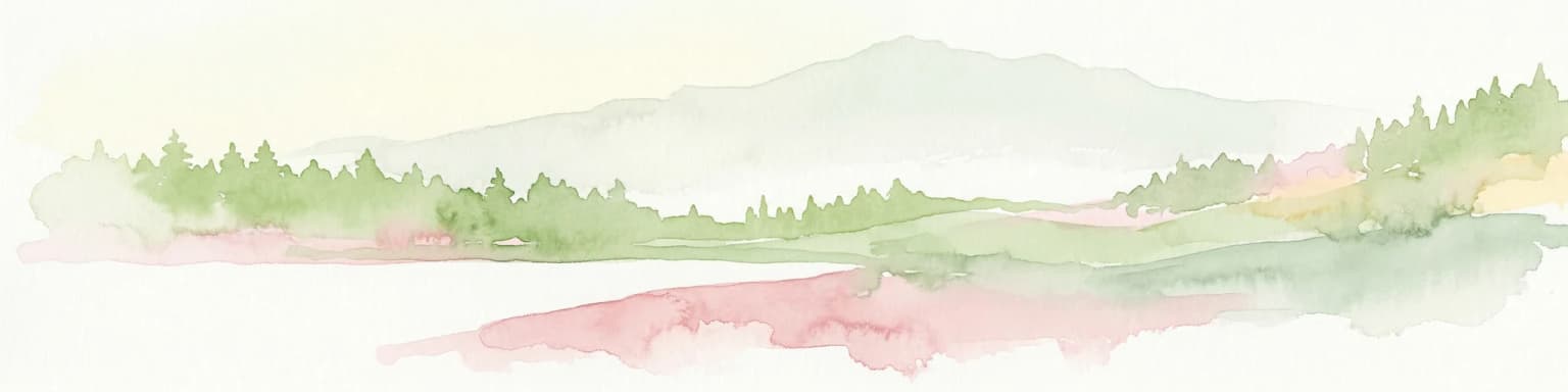 Watercolor painting of a landscape featuring green forests, distant mountains, and a body of water in the foreground