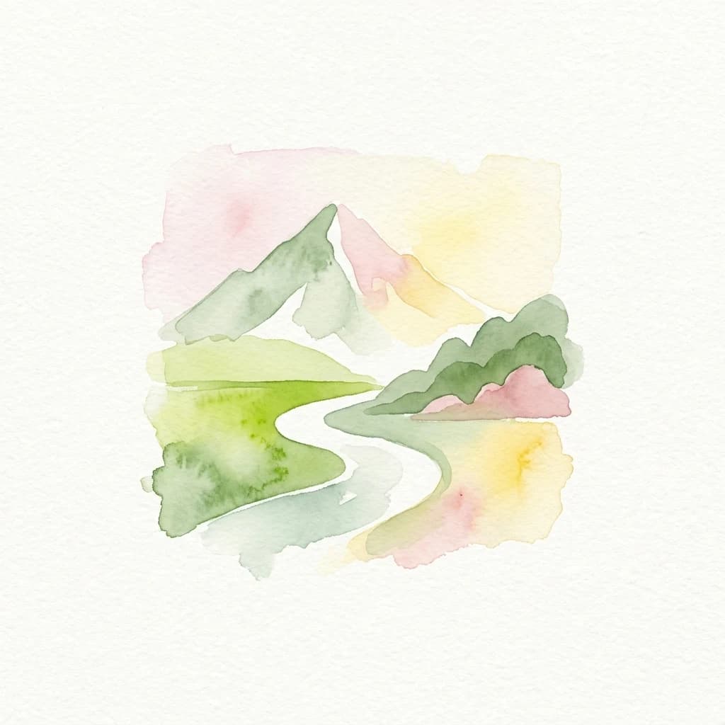 Watercolor illustration of a mountainous landscape with a winding river, green valleys, and a pink and yellow sky