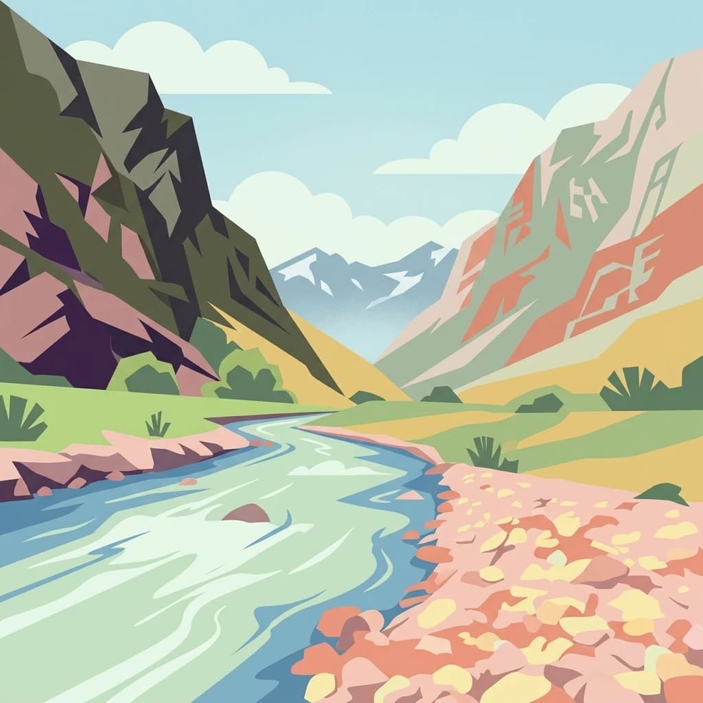 Ilustración estilizada de un río que fluye a través de un valle montañoso con orillas rocosas, vegetación verde y picos montañosos bajo un cielo despejado