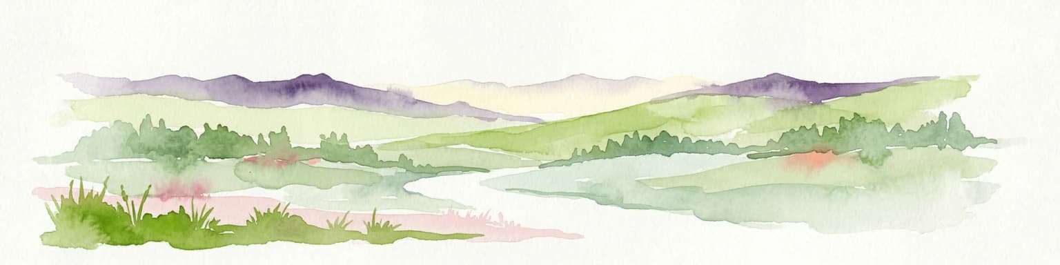Watercolor illustration of a mountainous landscape with green valleys, a winding river, and distant purple mountains